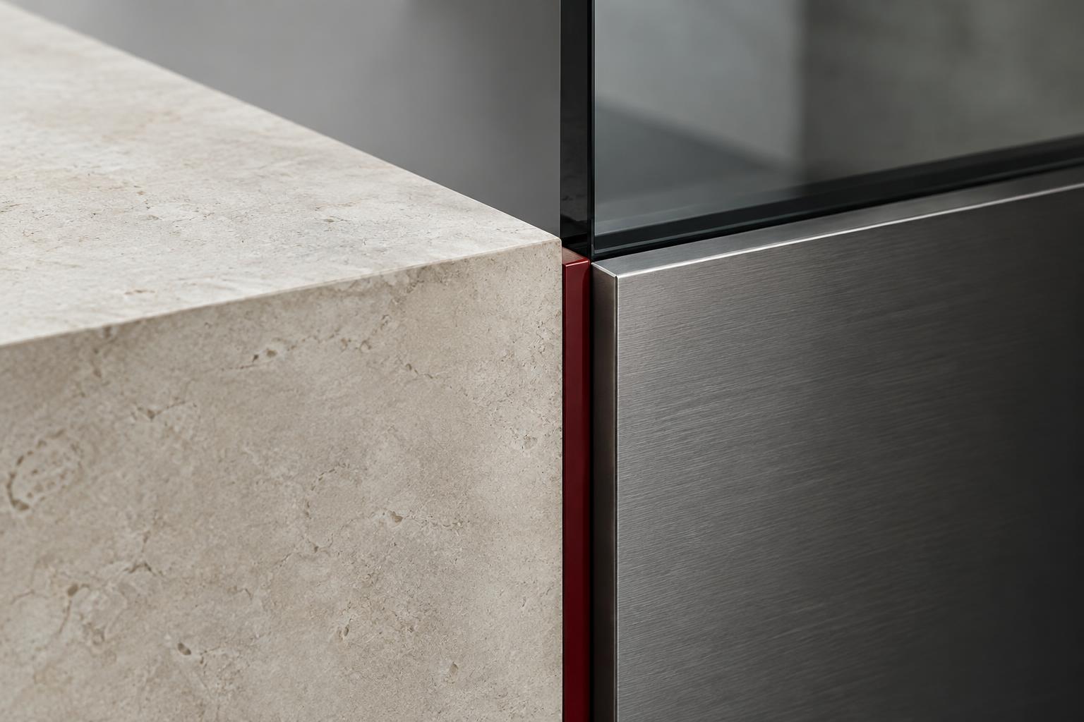 Präzise gefügte Oberflächen aus Naturstein, Glas und Metall mit rubinrotem Akzent